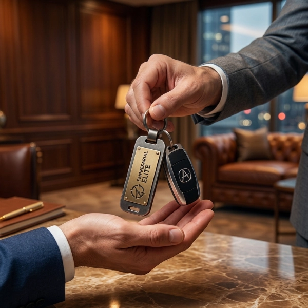 Executivo entregando a chave de um veículo corporativo acompanhada de um chaveiro de metal luxuoso e pesado