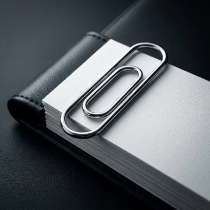 Clipe institucional de metal premium prendendo contrato em agenda de couro