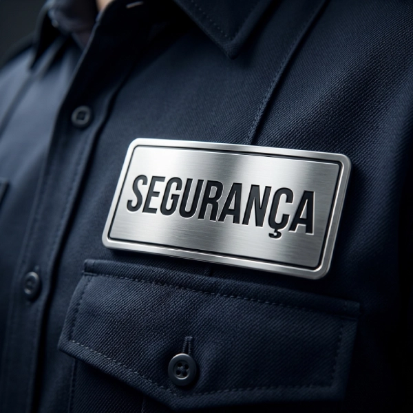 Crachás e Insígnias de Metal para Uniformes Crachá e insígnia de identificação em metal brilhante de alto padrão fixado no peito de um uniforme corporativo escuro