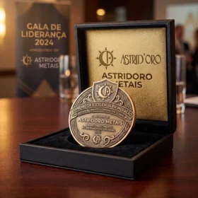 Medalha corporativa de metal pesado e brilhante repousando dentro de um luxuoso estojo de veludo negro aberto para cerimônia de premiação